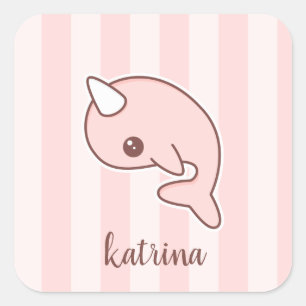 Sticker Carré Cartoon Rose Cute Narwhal Avec rayures