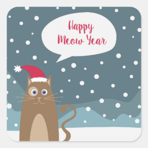 Sticker Carré Cartoon santa chapeau joyeux chaton flocon de neig