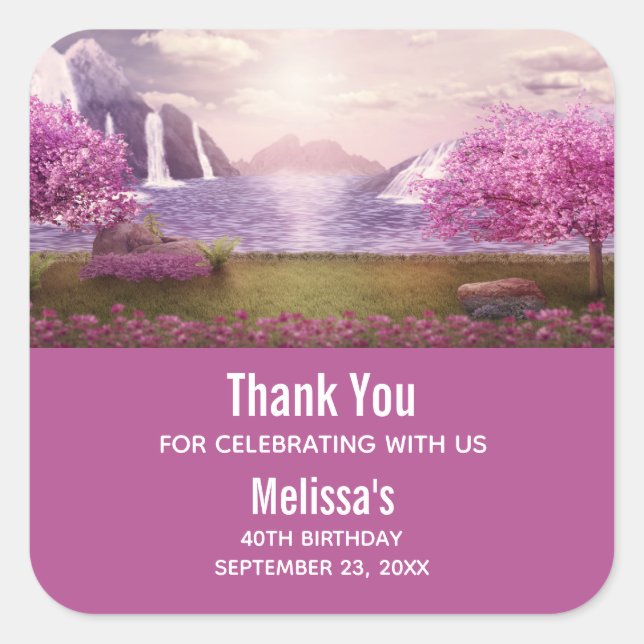 Sticker Carré Cascades et cerisiers autour d'un lac Anniversaire (Devant)