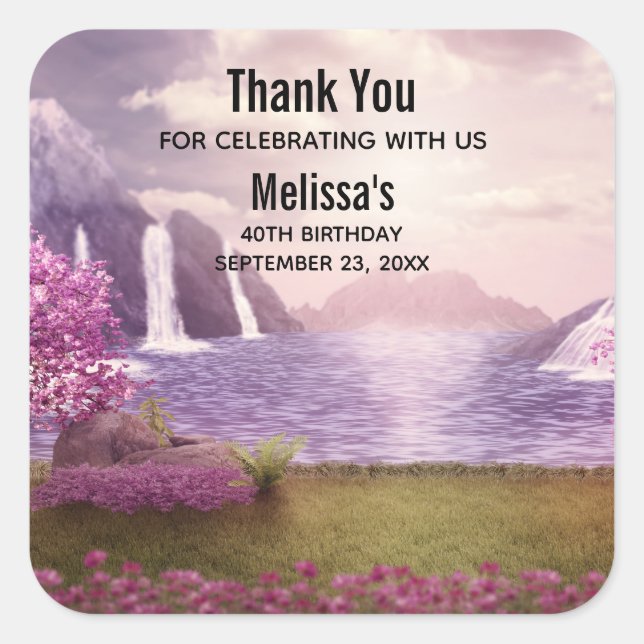 Sticker Carré Cascades et cerisiers autour d'un lac Anniversaire (Devant)