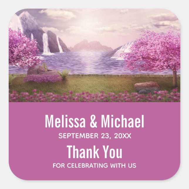 Sticker Carré Cascades et cerisiers autour d'un lac Mariage (Devant)