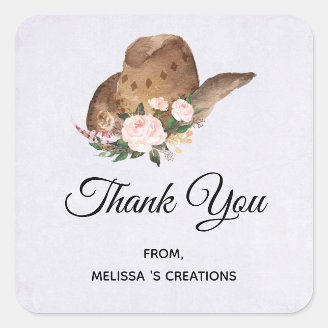 Sticker Carré Casquette Brown Cowgirl avec Fleurs roses (Devant)