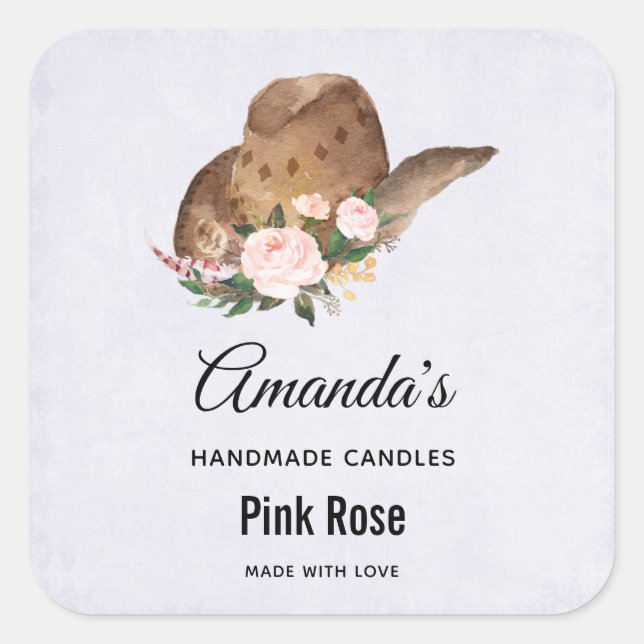 Sticker Carré Casquette Brown Cowgirl avec fleurs roses bougie B (Devant)