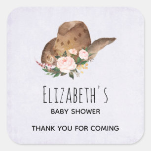 Sticker Carré Casquette Brown Cowgirl avec Merci de fleurs roses