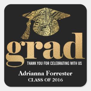 Sticker Carré Casquette de diplôme Faux Gold Foil Grande Typogra