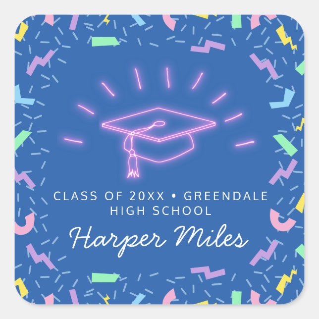 Sticker Carré Casquette de graduation de néon rose des années 19 (Devant)