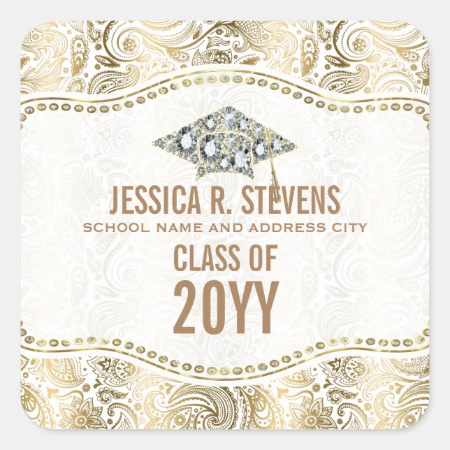 Sticker Carré Casquette de graduation Gold & White Floral Paisle (Devant)