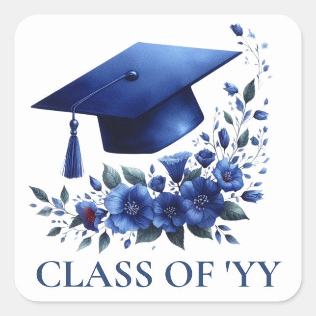 Sticker Carré Casquette et fleurs bleu Grad Enveloppe pour diplô (Devant)