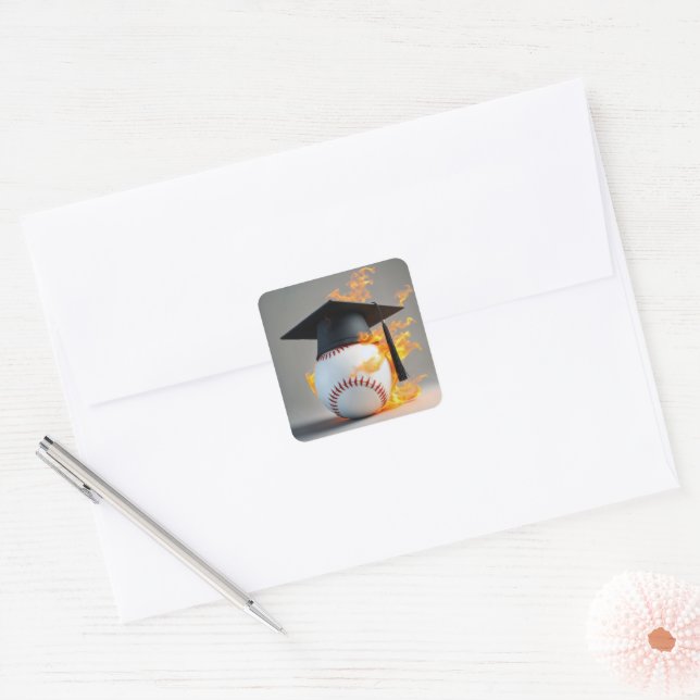 Sticker Carré Casquette noire de graduation sur un baseball flam (Enveloppe)