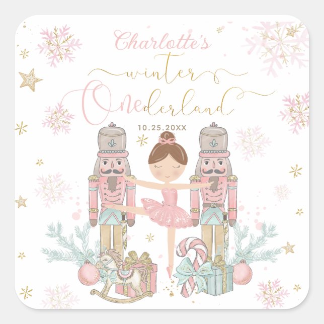 Sticker Carré Casse-Noisette Rose Hiver Onederland 1er Anniversa (Devant)