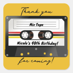 Sticker Carré Cassette Audio Rétro Jaune Fête d'Anniversaire 90'