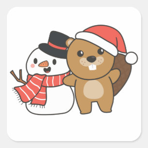 Sticker Carré Castor Avec Snowman En Hiver À Noël Carré