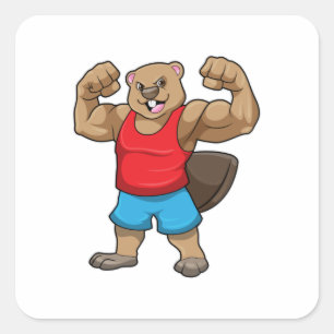 Sticker Carré Castor en Bodybuilder avec gros bras
