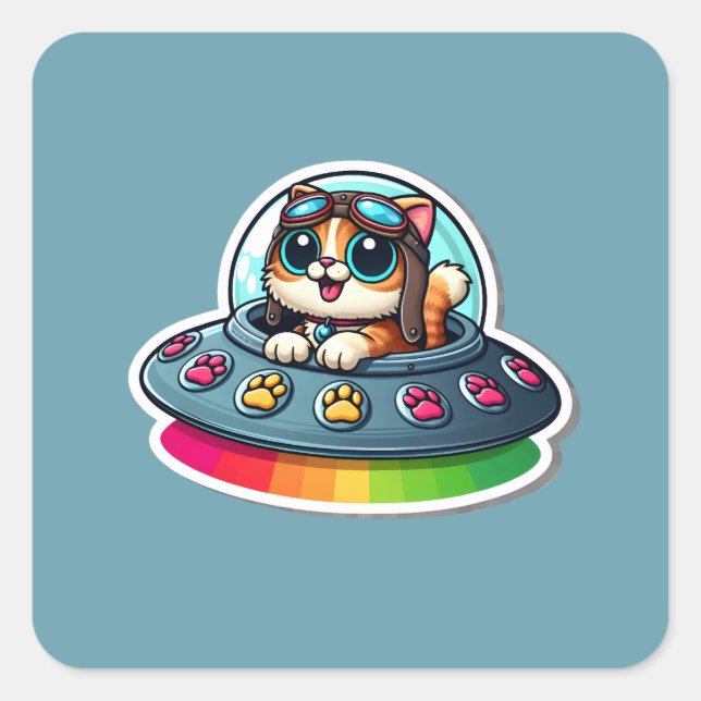 Sticker Carré Cat arc-en-ciel UFO (Devant)