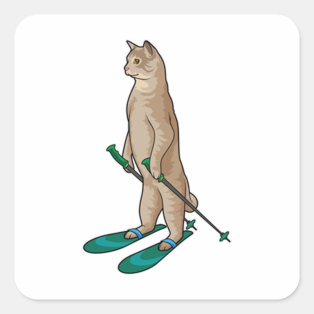 Sticker Carré Cat as Skier with Ski & Ski poles (Devant)