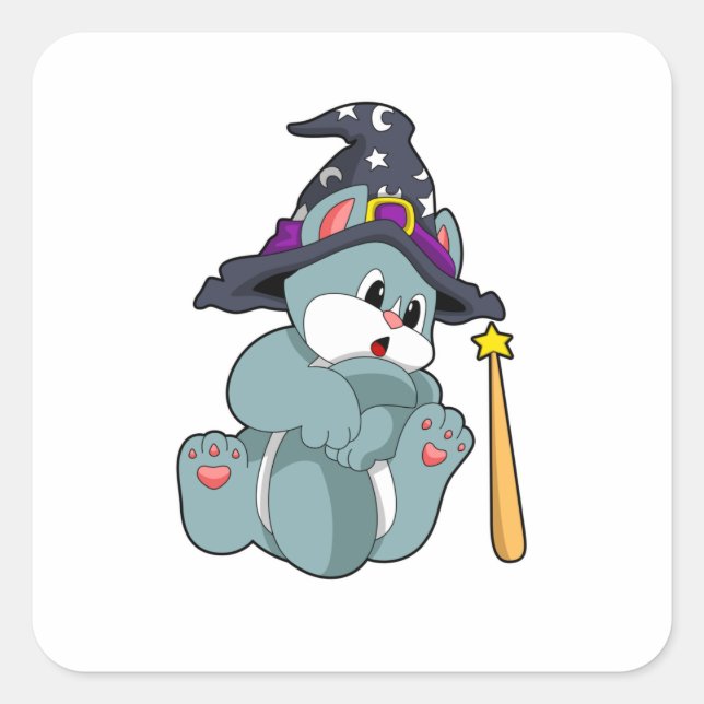 Sticker Carré Cat en Assistant avec baguette magique et Casquett (Devant)