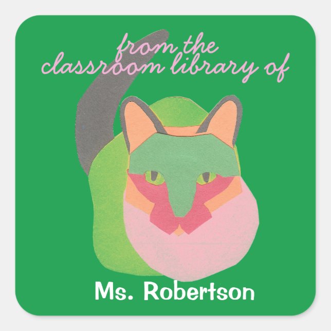 Sticker Carré Cat personalized teacher gift bookplate (Devant)