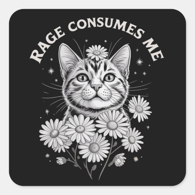 Sticker Carré Cat Rage Consumes Me Funny Sarcastic Kitten Flower (Devant)
