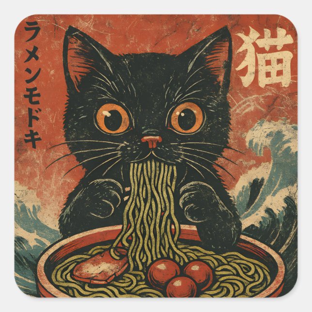 Sticker Carré Cat Ramen Japonais drôle Graphisme Kawaii Cat Anim (Devant)