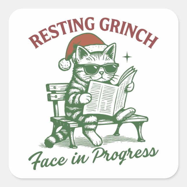 Sticker Carré Cat Resting Grinch Face in Progress Holiday  (Devant)