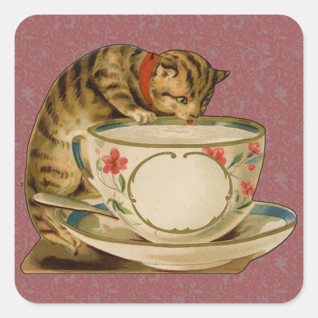 Sticker Carré Cat Teacup Cute Vintage Victorien (Devant)