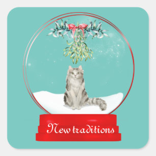 Sticker Carré Cat Under the Mistletoe Snow Globe