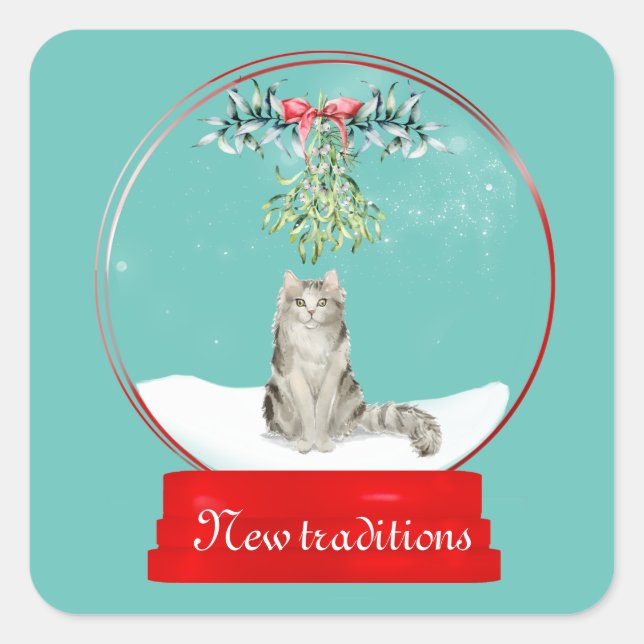 Sticker Carré Cat Under the Mistletoe Snow Globe (Devant)