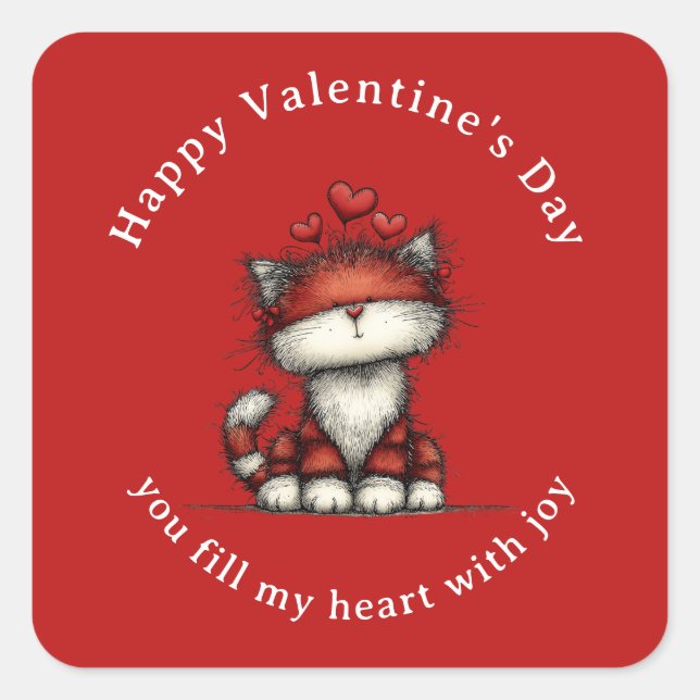 Sticker Carré Cat with Red Love Hearts Cute Fun Valentine's Day (Devant)