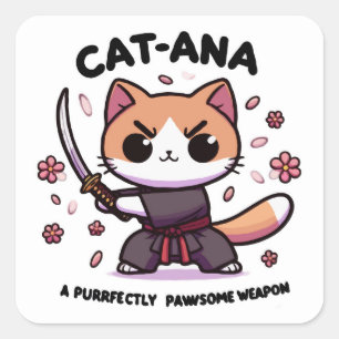 Sticker Carré Catana Samurai - Adorable Chat Warrior