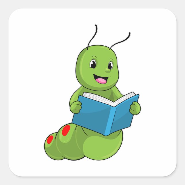 Sticker Carré Caterpillar à lire avec livre (Devant)