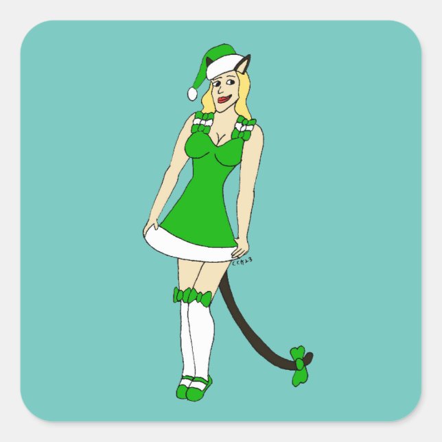 Sticker Carré Catgirl de Noël verte (Devant)