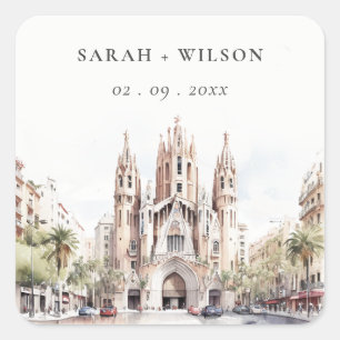 Sticker Carré Cathédrale de Barcelone Espagne Mariage d'aquarell