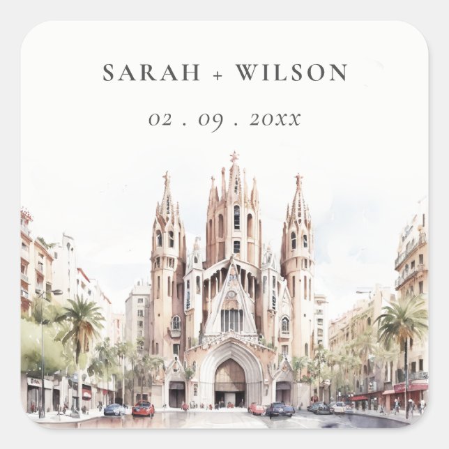 Sticker Carré Cathédrale de Barcelone Espagne Mariage d'aquarell (Devant)