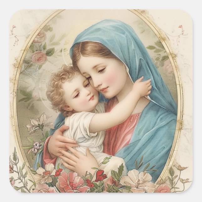 Sticker Carré Catholic Virgin Mary Baby Jesus Floral  (Devant)
