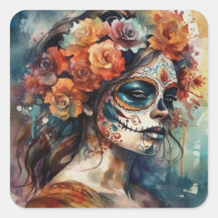 Sticker Carré Catrina Dia de los Muertos Crâne de Sucre à l'aqua