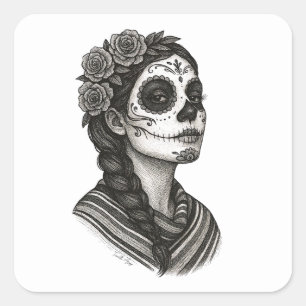 Sticker Carré Catrina Mexicana Sarape Y Rosas Dia de Muertos