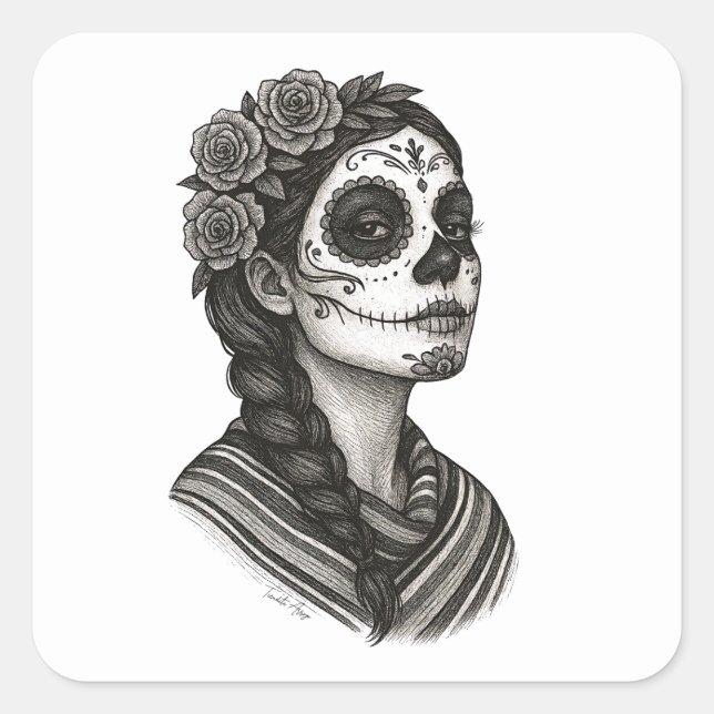 Sticker Carré Catrina Mexicana Sarape Y Rosas Dia de Muertos (Devant)