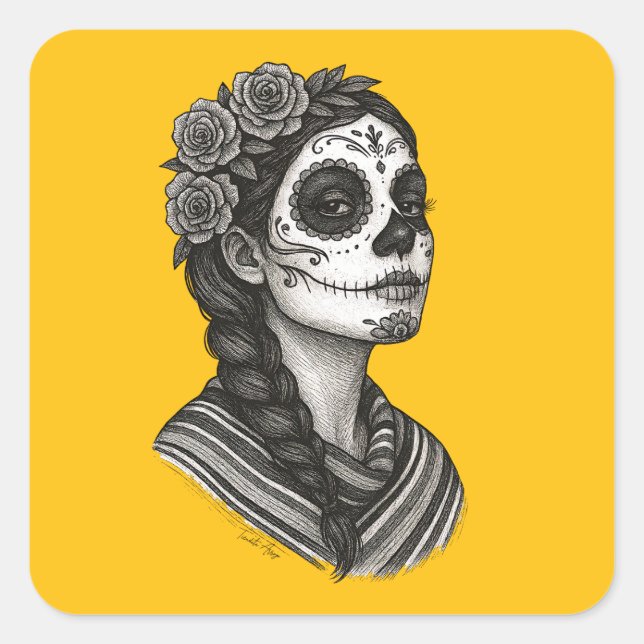 Sticker Carré Catrina Mexicana Sarape Y Rosas Dia de Muertos (Devant)