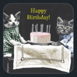 Sticker Carré Cats celebrating a birthday with cake and candles<br><div class="desc">Cute and funny vintage photograph of two dressed cats sitting in a chair on a table,  celebrating a birthday with cake and candles. Personalize by adding your own text.</div>