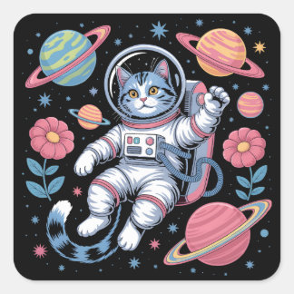 Sticker Carré Catstronaut cosmique dans Neon Space Vaporwave