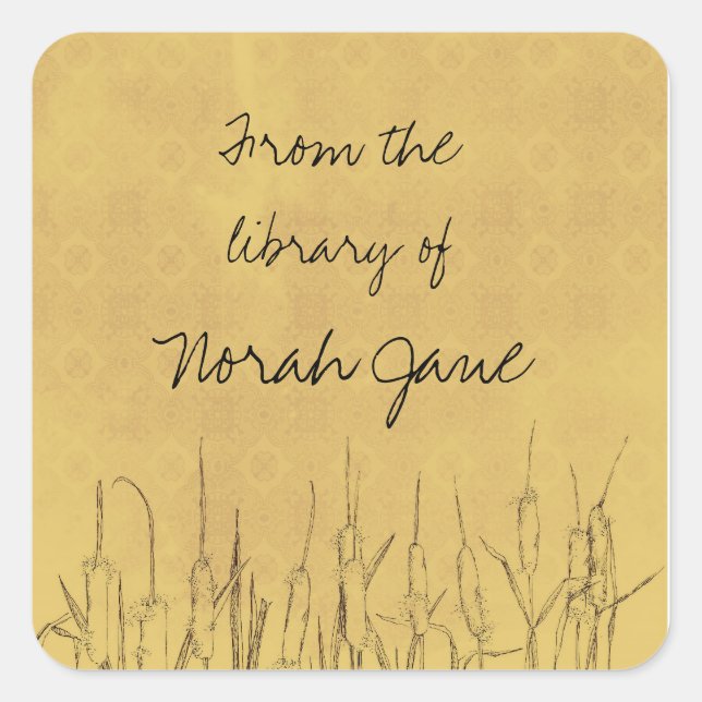 Sticker Carré Cattails Dessin botanique Nom personnalisé (Devant)
