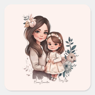 Sticker Carré Caution adorable mère et fille (3)