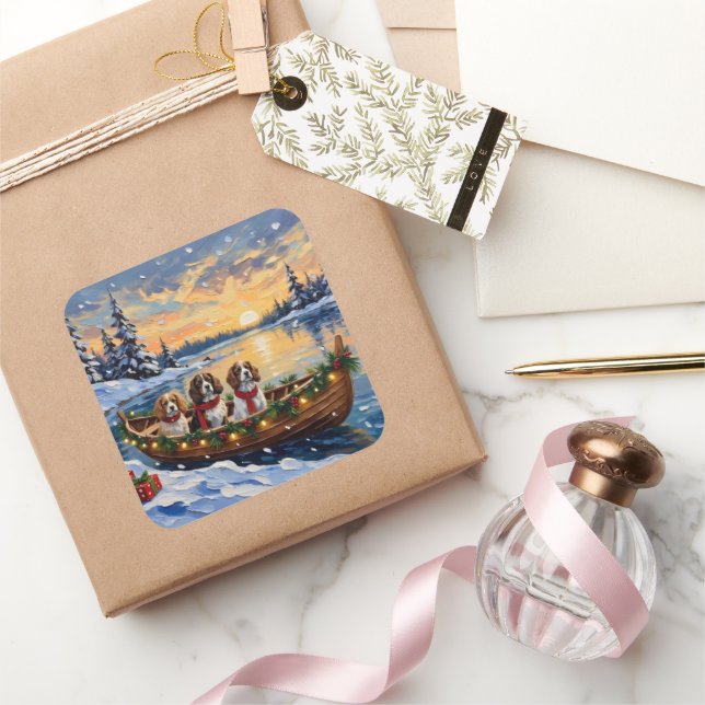 Sticker Carré Cavalier King Charles Spaniel Christmas Boat (Cadeaux)