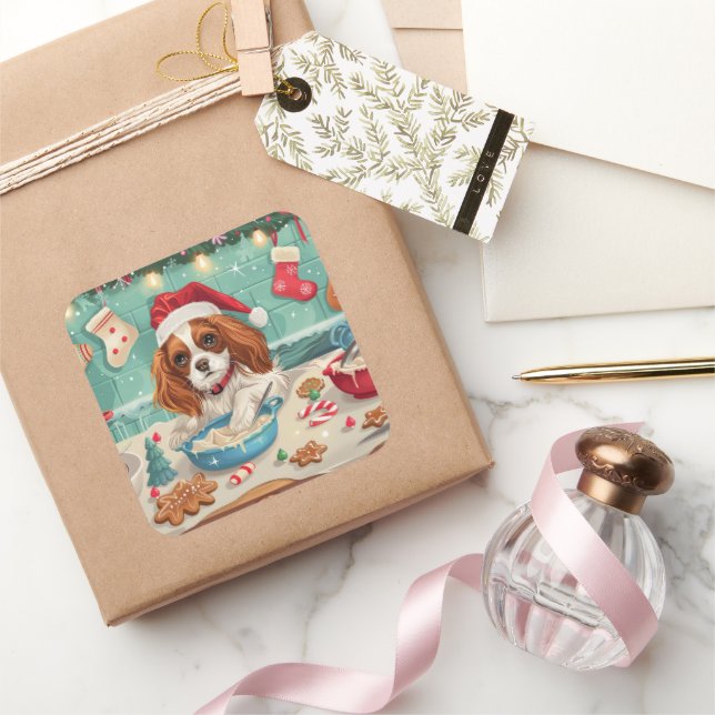 Sticker Carré Cavalier King Charles Spaniel Cuisinant pour Noël (Cadeaux)