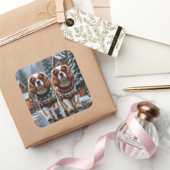 Sticker Carré Cavalier King Charles Spaniel Dogs Christmas Snow  (Cadeaux)