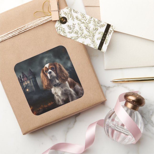 Sticker Carré Cavalier King Charles Spaniel Halloween effrayant (Cadeaux)