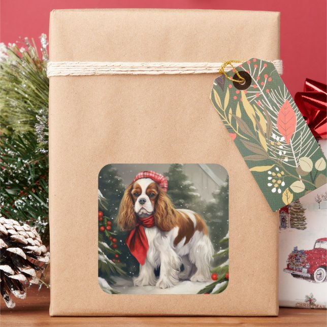 Sticker Carré Cavalier King Charles Spaniel Noël Chien (vacances)