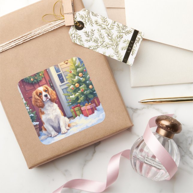 Sticker Carré Cavalier King Charles Spaniel Noël enneigé (Cadeaux)