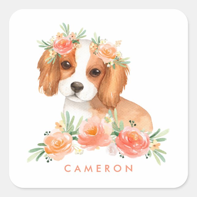 Sticker Carré Cavalier King Charles Spaniel Orange Floral Person (Devant)
