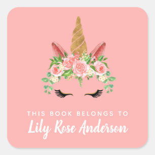 Sticker Carré Ce Livre Appartient À Pink Unicorn Bookplate